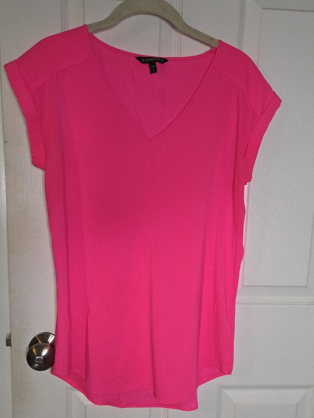 Express Hot Pink V-Neck Cap Sleeve Tee